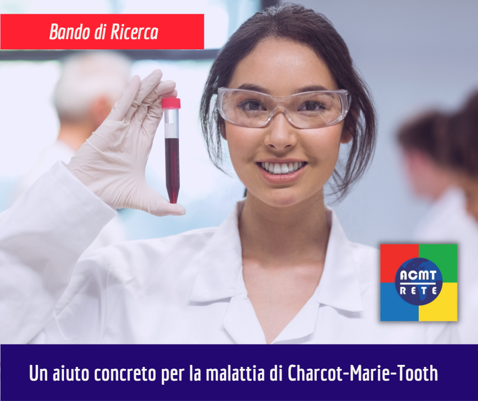 Ricercatrice con in mano una provetta per promuovere il bando di ricerca 2023-2024 per la malattia di Charcot-Marie-Tooth o CMT